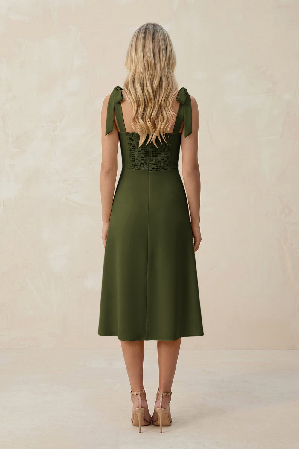Square Neck A - Line Satin Midi Bridesmaid Dress With Bow in Olive - KISS BRIDAL Bridesmaid Dresses
