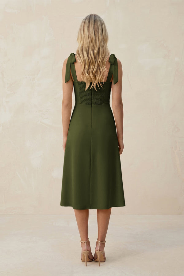 Square Neck A - Line Satin Midi Bridesmaid Dress With Bow in Olive - KISS BRIDAL Bridesmaid Dresses