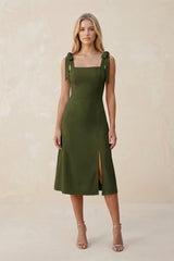 Square Neck A - Line Satin Midi Bridesmaid Dress With Bow in Olive - KISS BRIDAL Bridesmaid Dresses