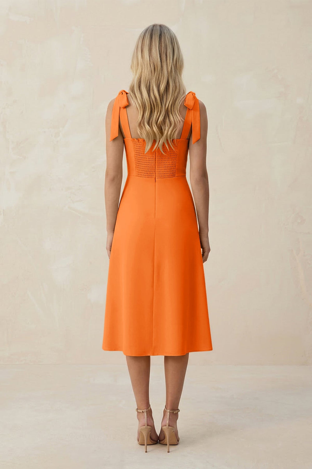 Square Neck A - Line Satin Midi Bridesmaid Dress With Bow in Orange - KISS BRIDAL Bridesmaid Dresses