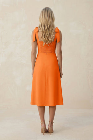 Square Neck A - Line Satin Midi Bridesmaid Dress With Bow in Orange - KISS BRIDAL Bridesmaid Dresses