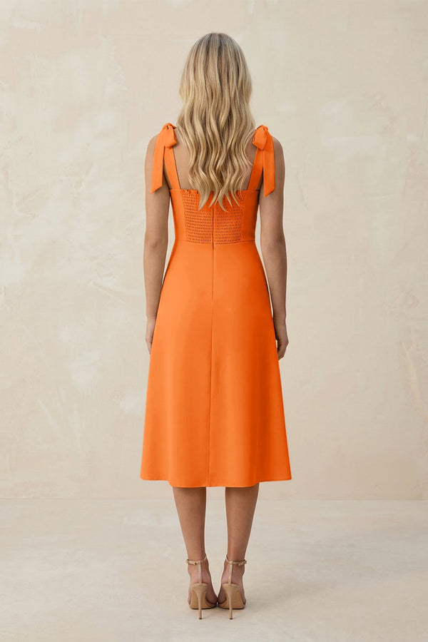 Square Neck A - Line Satin Midi Bridesmaid Dress With Bow in Orange - KISS BRIDAL Bridesmaid Dresses