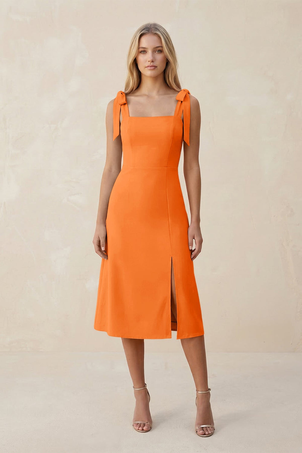 Square Neck A - Line Satin Midi Bridesmaid Dress With Bow in Orange - KISS BRIDAL Bridesmaid Dresses