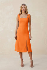 Square Neck A - Line Satin Midi Bridesmaid Dress With Bow in Orange - KISS BRIDAL Bridesmaid Dresses