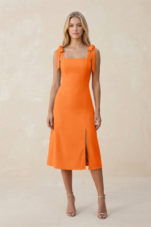 Square Neck A - Line Satin Midi Bridesmaid Dress With Bow in Orange - KISS BRIDAL Bridesmaid Dresses