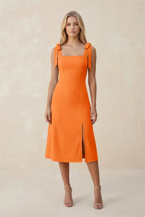 Square Neck A - Line Satin Midi Bridesmaid Dress With Bow in Orange - KISS BRIDAL Bridesmaid Dresses
