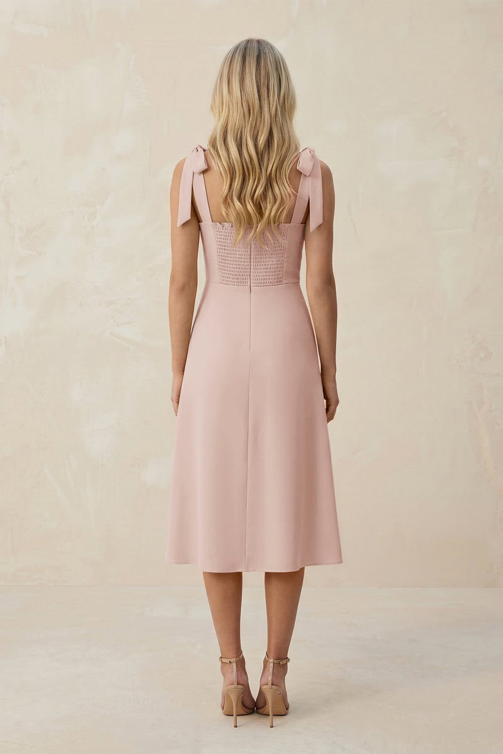 Square Neck A - Line Satin Midi Bridesmaid Dress With Bow in Pale Blush - KISS BRIDAL Bridesmaid Dresses