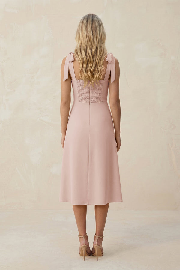 Square Neck A - Line Satin Midi Bridesmaid Dress With Bow in Pale Blush - KISS BRIDAL Bridesmaid Dresses