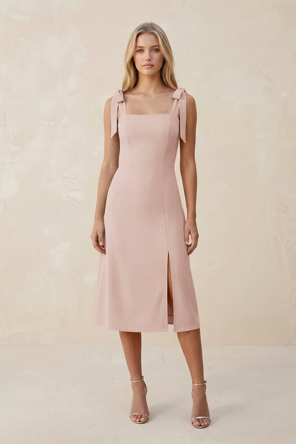 Square Neck A - Line Satin Midi Bridesmaid Dress With Bow in Pale Blush - KISS BRIDAL Bridesmaid Dresses