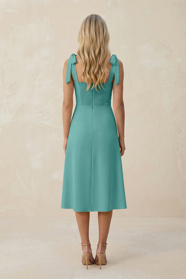 Square Neck A - Line Satin Midi Bridesmaid Dress With Bow in Pale Pistachio - KISS BRIDAL Bridesmaid Dresses