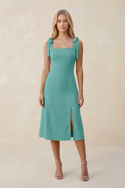 Square Neck A - Line Satin Midi Bridesmaid Dress With Bow in Pale Pistachio - KISS BRIDAL Bridesmaid Dresses