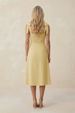 Square Neck A - Line Satin Midi Bridesmaid Dress With Bow in Pastel Yellow - KISS BRIDAL Bridesmaid Dresses