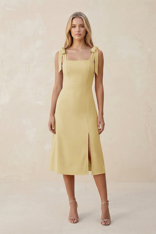 Square Neck A - Line Satin Midi Bridesmaid Dress With Bow in Pastel Yellow - KISS BRIDAL Bridesmaid Dresses