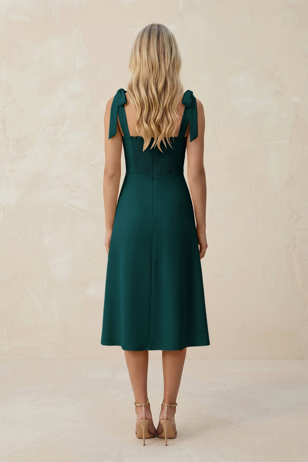 Square Neck A - Line Satin Midi Bridesmaid Dress With Bow in Pine - KISS BRIDAL Bridesmaid Dresses