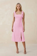 Square Neck A - Line Satin Midi Bridesmaid Dress With Bow in Pink - KISS BRIDAL Bridesmaid Dresses