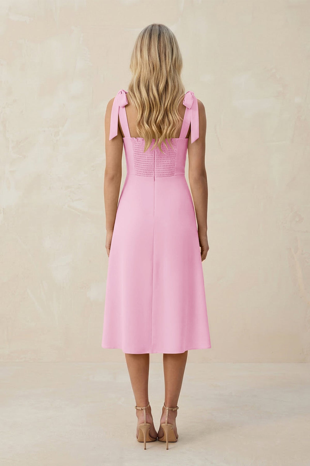 Square Neck A - Line Satin Midi Bridesmaid Dress With Bow in Pink - KISS BRIDAL Bridesmaid Dresses
