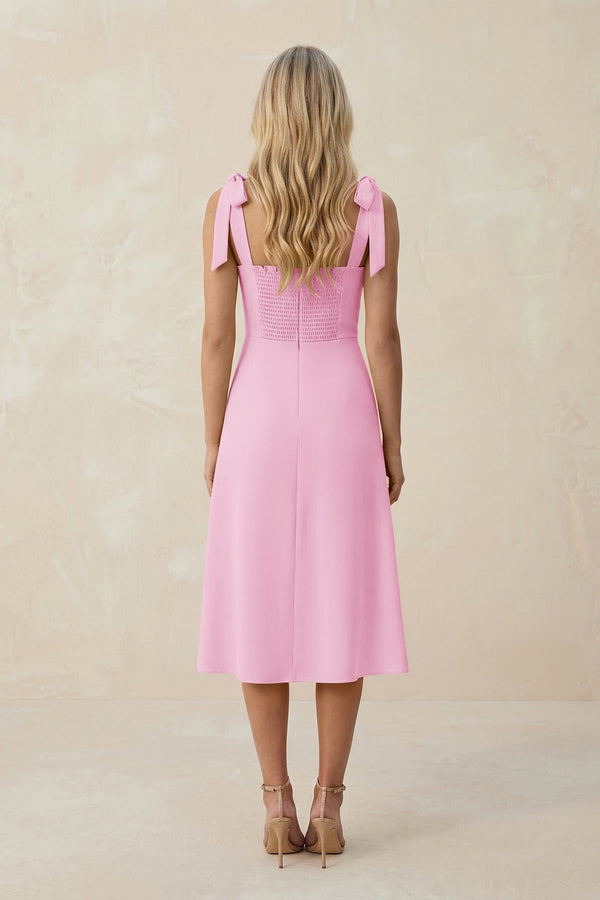 Square Neck A - Line Satin Midi Bridesmaid Dress With Bow in Pink - KISS BRIDAL Bridesmaid Dresses