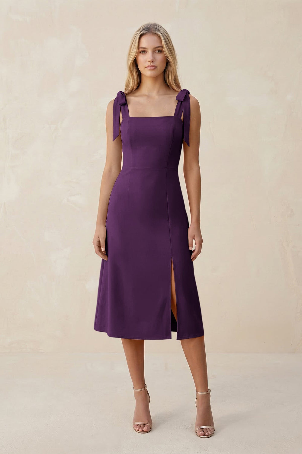 Square Neck A - Line Satin Midi Bridesmaid Dress With Bow in Plum - KISS BRIDAL Bridesmaid Dresses