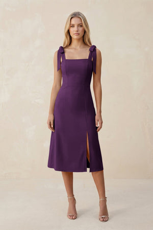 Square Neck A - Line Satin Midi Bridesmaid Dress With Bow in Plum - KISS BRIDAL Bridesmaid Dresses