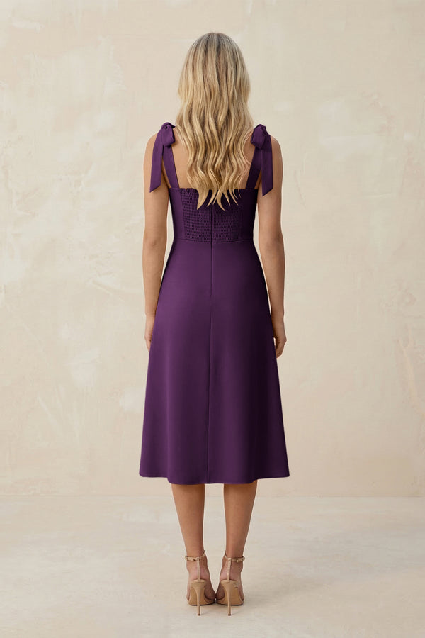 Square Neck A - Line Satin Midi Bridesmaid Dress With Bow in Plum - KISS BRIDAL Bridesmaid Dresses