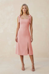 Square Neck A - Line Satin Midi Bridesmaid Dress With Bow in Rose Petal - KISS BRIDAL Bridesmaid Dresses