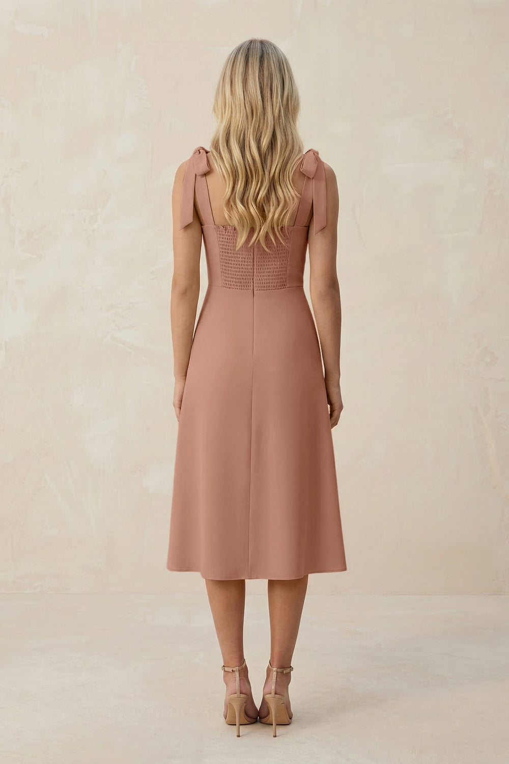 Square Neck A - Line Satin Midi Bridesmaid Dress With Bow in Rosette - KISS BRIDAL Bridesmaid Dresses