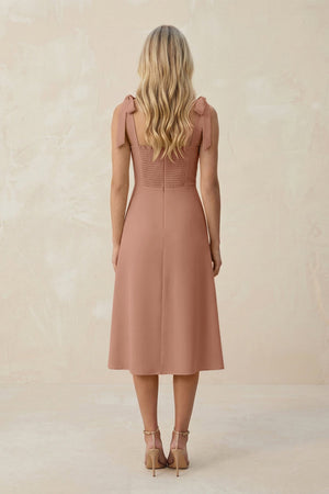 Square Neck A - Line Satin Midi Bridesmaid Dress With Bow in Rosette - KISS BRIDAL Bridesmaid Dresses