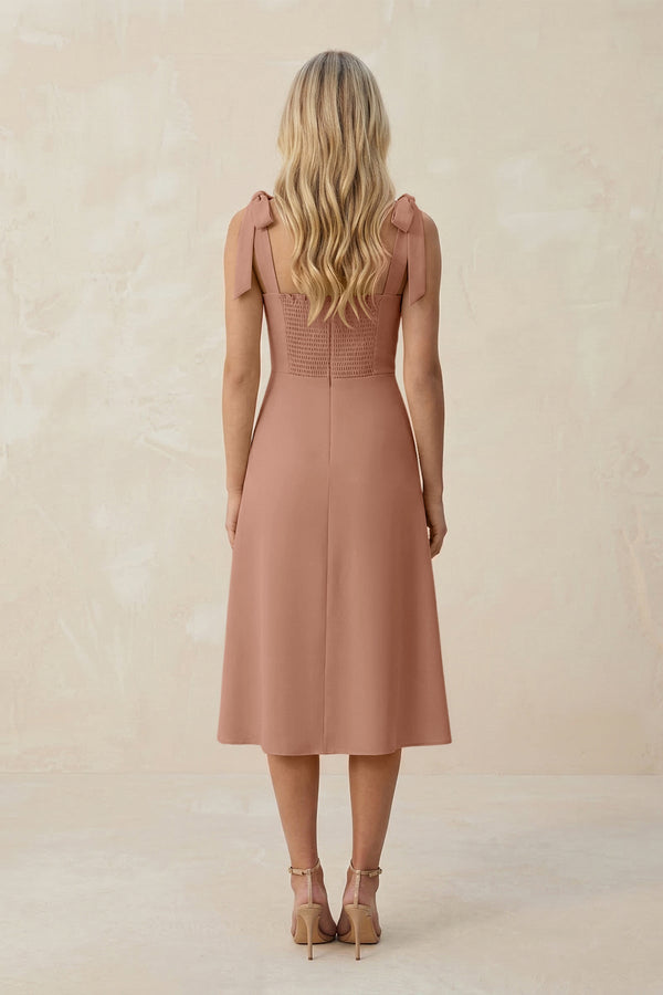 Square Neck A - Line Satin Midi Bridesmaid Dress With Bow in Rosette - KISS BRIDAL Bridesmaid Dresses