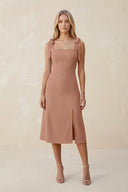 Square Neck A - Line Satin Midi Bridesmaid Dress With Bow in Rosette - KISS BRIDAL Bridesmaid Dresses