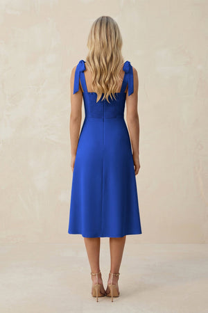 Square Neck A - Line Satin Midi Bridesmaid Dress With Bow in Royal Blue - KISS BRIDAL Bridesmaid Dresses