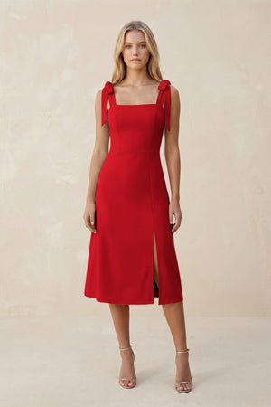 Square Neck A - Line Satin Midi Bridesmaid Dress With Bow in Ruby Red - KISS BRIDAL Bridesmaid Dresses