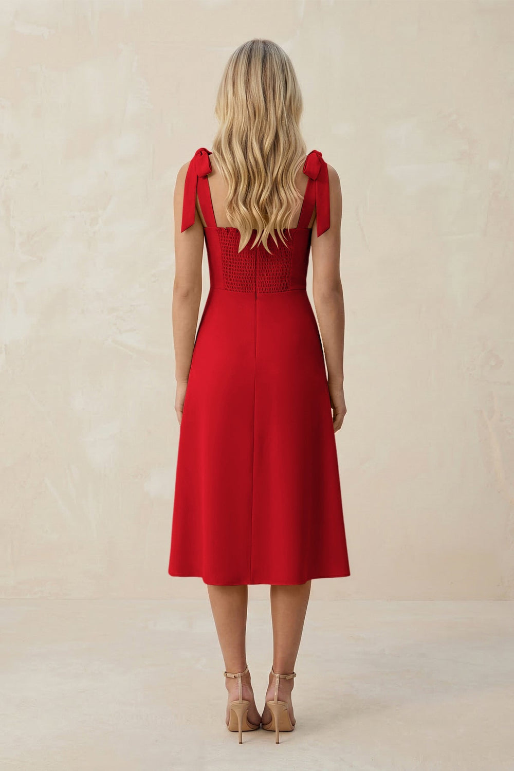 Square Neck A - Line Satin Midi Bridesmaid Dress With Bow in Ruby Red - KISS BRIDAL Bridesmaid Dresses