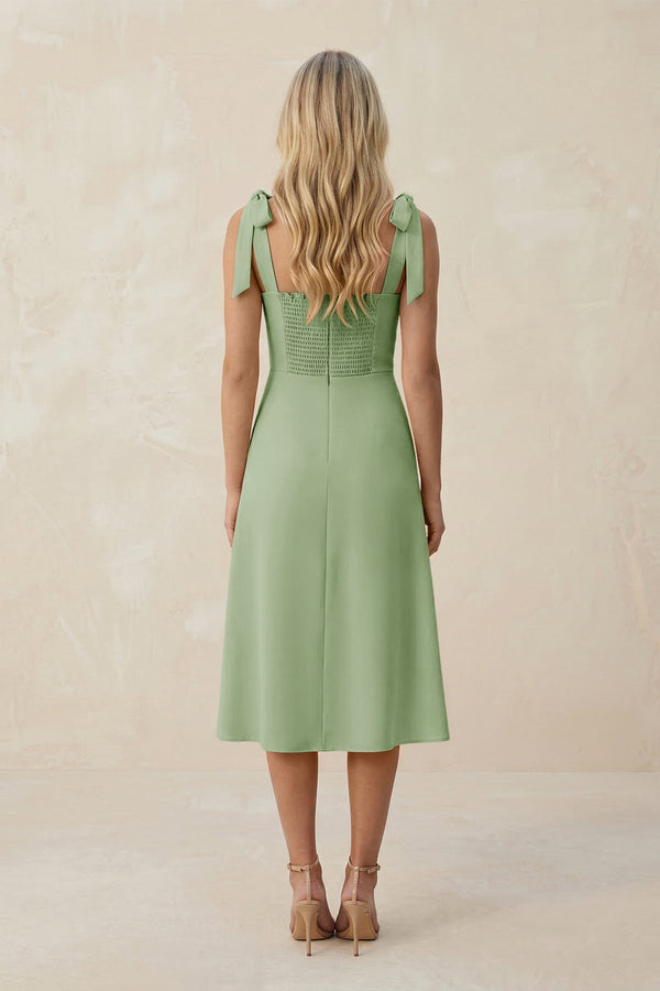 Square Neck A - Line Satin Midi Bridesmaid Dress With Bow in Sage - KISS BRIDAL Bridesmaid Dresses