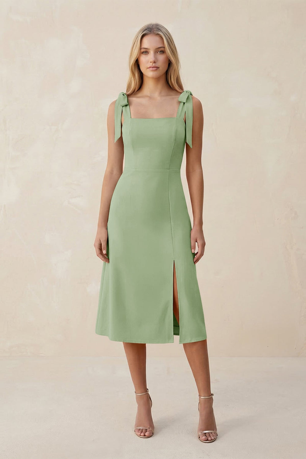Square Neck A - Line Satin Midi Bridesmaid Dress With Bow in Sage - KISS BRIDAL Bridesmaid Dresses