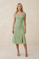 Square Neck A - Line Satin Midi Bridesmaid Dress With Bow in Sage - KISS BRIDAL Bridesmaid Dresses