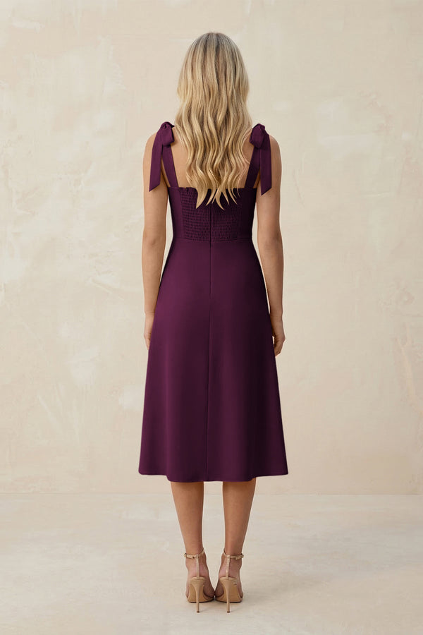 Square Neck A - Line Satin Midi Bridesmaid Dress With Bow in Sangria - KISS BRIDAL Bridesmaid Dresses