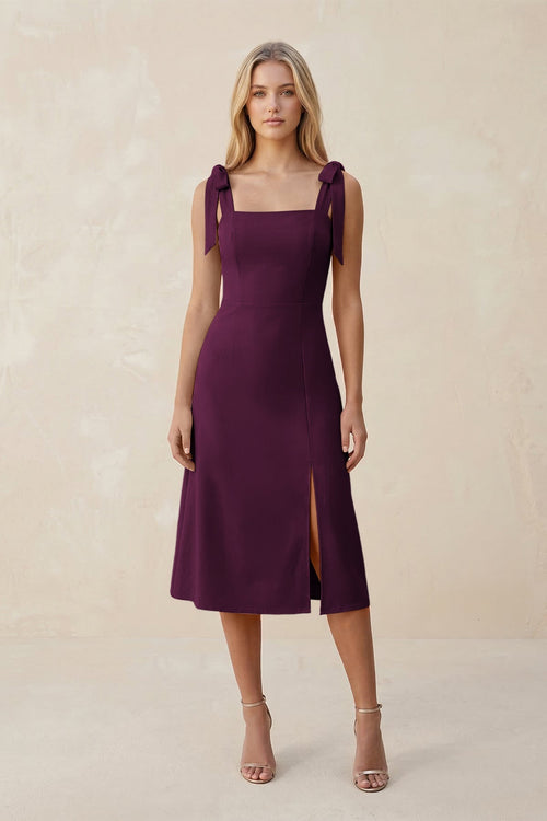 Square Neck A - Line Satin Midi Bridesmaid Dress With Bow in Sangria - KISS BRIDAL Bridesmaid Dresses