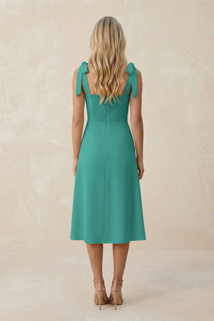 Square Neck A - Line Satin Midi Bridesmaid Dress With Bow in Sea Glass - KISS BRIDAL Bridesmaid Dresses