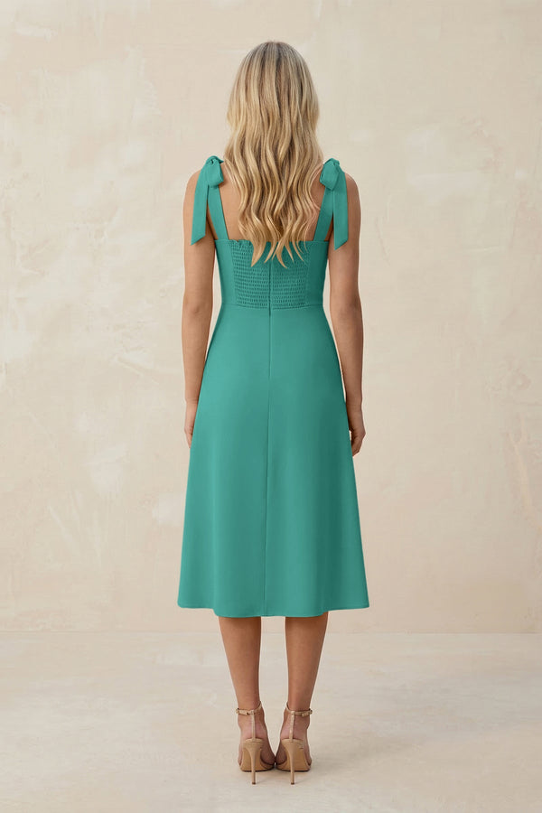 Square Neck A - Line Satin Midi Bridesmaid Dress With Bow in Sea Glass - KISS BRIDAL Bridesmaid Dresses