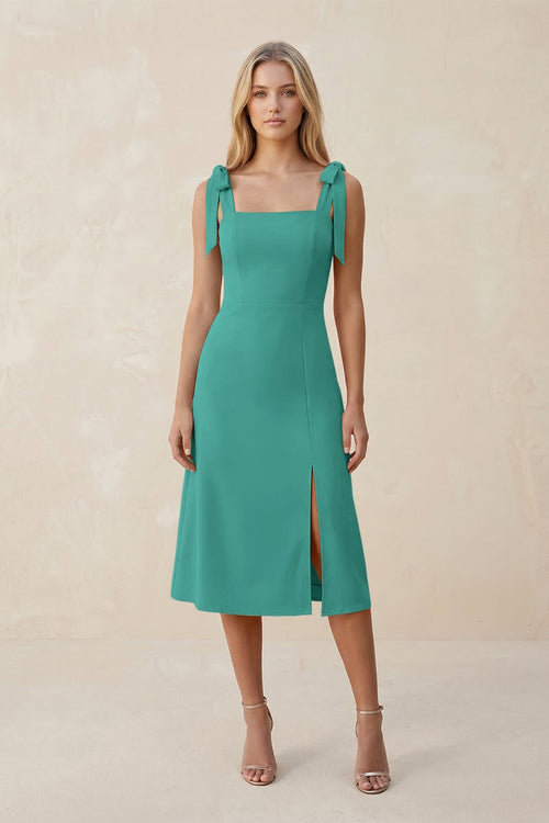 Square Neck A - Line Satin Midi Bridesmaid Dress With Bow in Sea Glass - KISS BRIDAL Bridesmaid Dresses