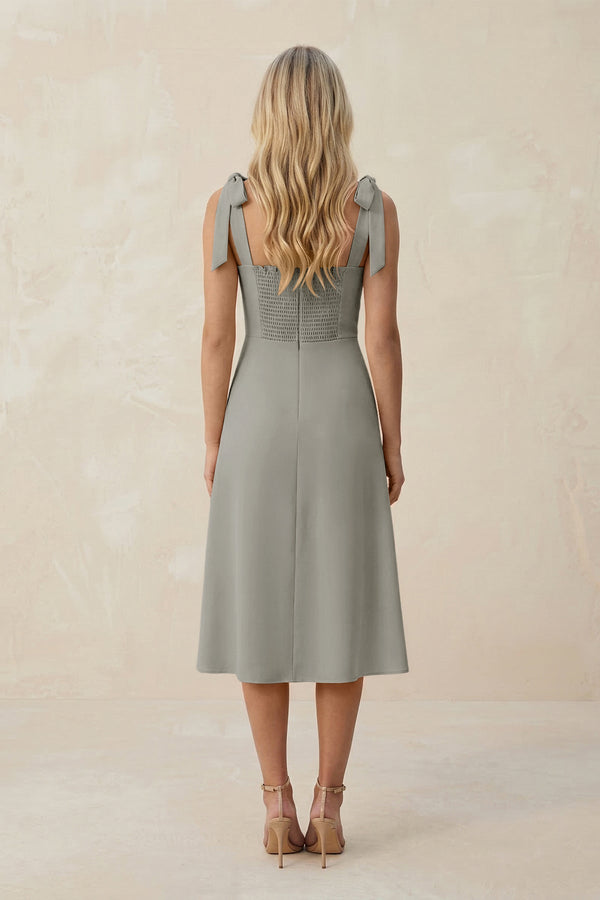 Square Neck A - Line Satin Midi Bridesmaid Dress With Bow in Silver - KISS BRIDAL Bridesmaid Dresses
