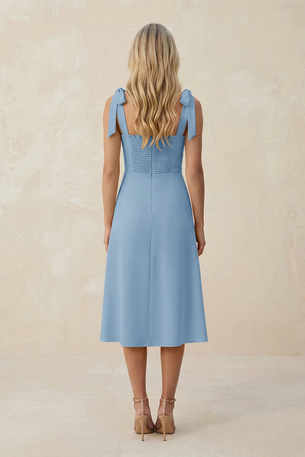 Square Neck A - Line Satin Midi Bridesmaid Dress With Bow in Sky Blue - KISS BRIDAL Bridesmaid Dresses