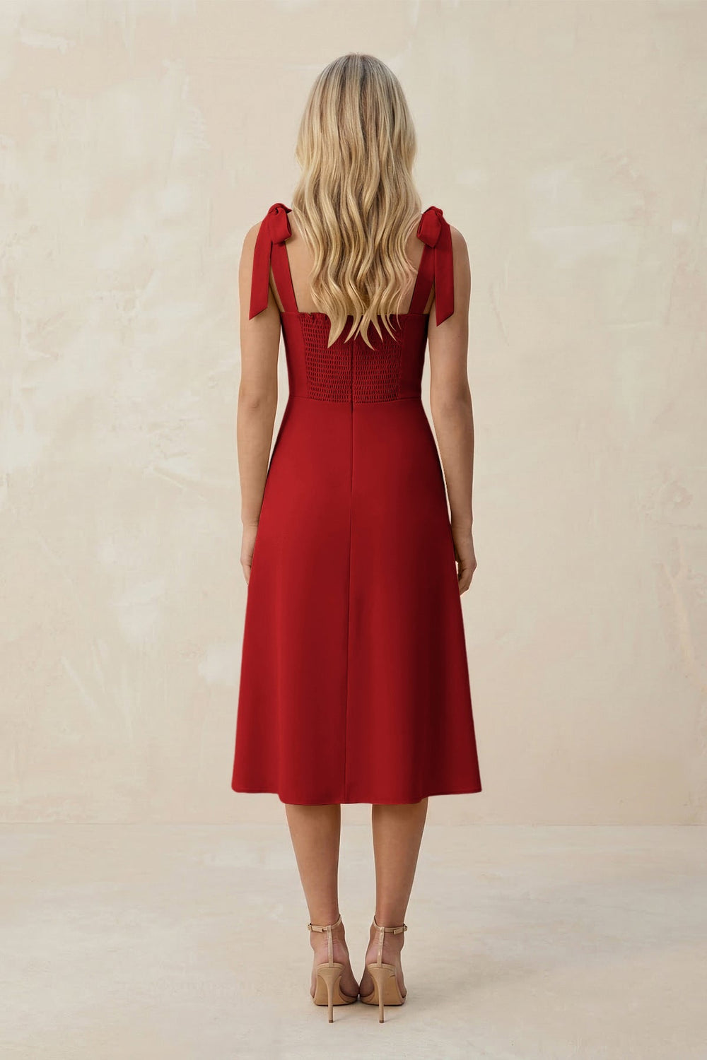 Square Neck A - Line Satin Midi Bridesmaid Dress With Bow in Spice - KISS BRIDAL Bridesmaid Dresses