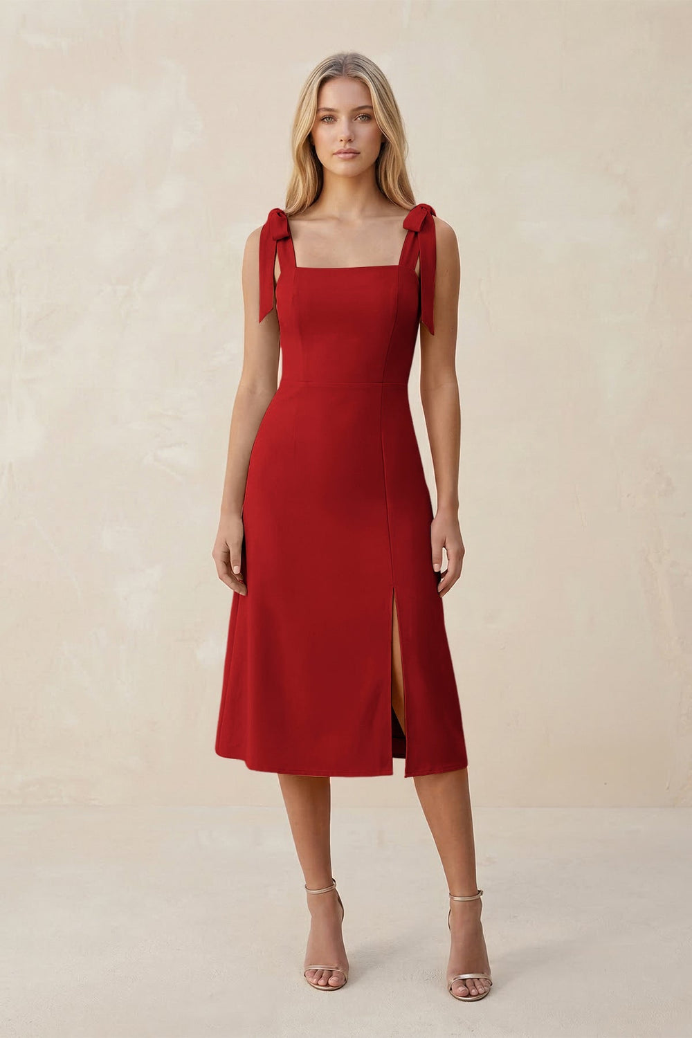 Square Neck A - Line Satin Midi Bridesmaid Dress With Bow in Spice - KISS BRIDAL Bridesmaid Dresses