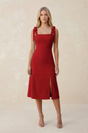 Square Neck A - Line Satin Midi Bridesmaid Dress With Bow in Spice - KISS BRIDAL Bridesmaid Dresses