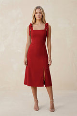 Square Neck A - Line Satin Midi Bridesmaid Dress With Bow in Spice - KISS BRIDAL Bridesmaid Dresses