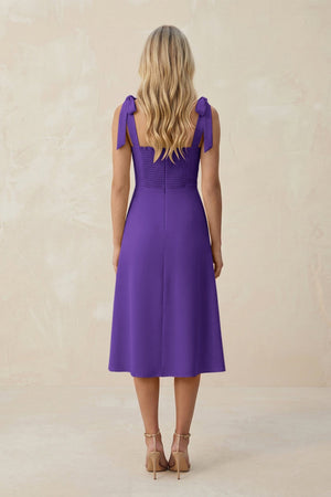 Square Neck A - Line Satin Midi Bridesmaid Dress With Bow in Tahiti - SHE IS ME Bridesmaid Dresses