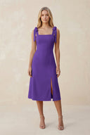 Square Neck A - Line Satin Midi Bridesmaid Dress With Bow in Tahiti - SHE IS ME Bridesmaid Dresses