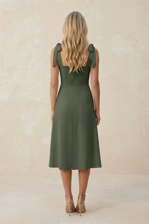 Square Neck A - Line Satin Midi Bridesmaid Dress With Bow in Thyme - KISS BRIDAL Bridesmaid Dresses