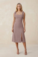 Square Neck A - Line Satin Midi Bridesmaid Dress With Bow in Toffee - KISS BRIDAL Bridesmaid Dresses